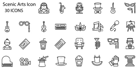 Scenic arts line icons set. In this bundle include scenic arts, school subjects, science, sea life
