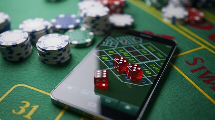 A smartphone displaying a dice game on a green felt casino table with chips and dice.