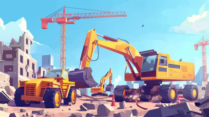 A vibrant illustration of a construction site featuring heavy machinery such as excavators, dump trucks, and cranes. The backdrop includes tall buildings under construction, reflecting a bustling urba