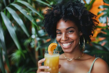 Happy person drinks orange juice glass of fresh drink in summer joy smiling girl pretty woman enjoying squized fruit morning tasty nutrition beverage healthy lifestyle wellbeing