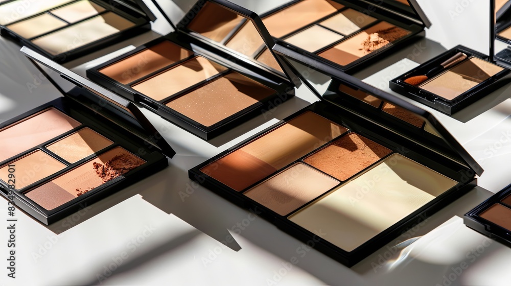 Poster a collection of makeup palettes, featuring various shades of contouring and highlighting powders, or