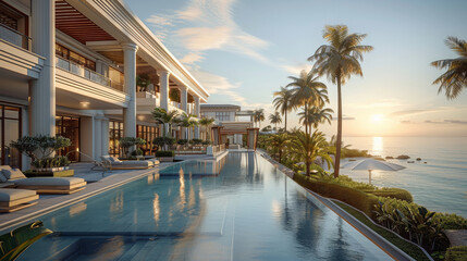 Fototapeta premium Exterior design, modern hotel, Suite deluxe in a spectacular resort. Generative AI.