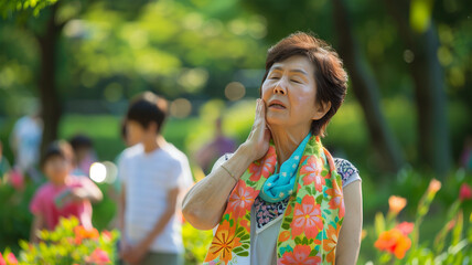 Obraz premium 夏の公園で汗を拭く日本人女性