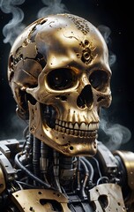 a close up of a gold skeleton with smoke coming out of it