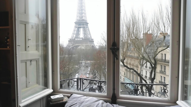 Eiffel tower famous landmark view through window in Paris, France