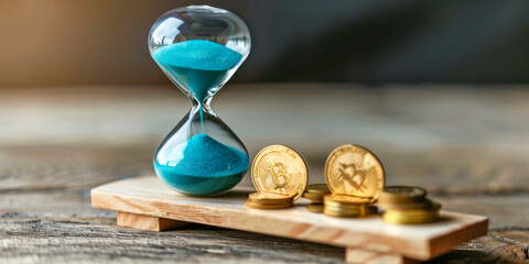 A blue hourglass sits on a wooden table with a pile of gold coins - Powered by Adobe