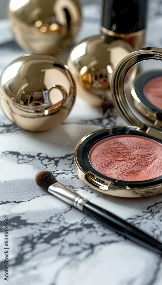 Poster close-up of gold compact cases with powder and blush, featuring rich colors and elegant presentation