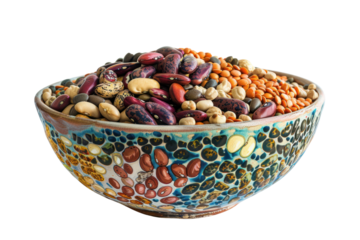 a heaping bowl of mixed dried legumes, showcasing their diverse textures and hues, isolated on white background