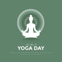 International Yoga Day Post and Greeting Card Design. Modern and Elegant Yoga Day Creative with Woman in Meditation Pose Vector Illustration