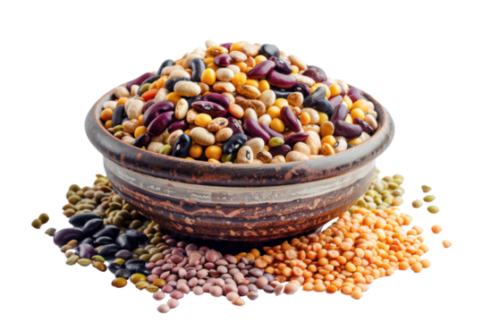 a heaping bowl of mixed dried legumes, showcasing their diverse textures and hues, isolated on white background