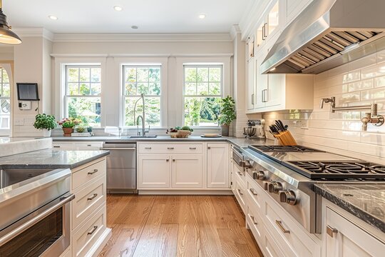 Immerse yourself in the charm of a classic American kitchen with white cabinets, stainless steel appliances, and a large farmhouse sink, combining timeless elegance 