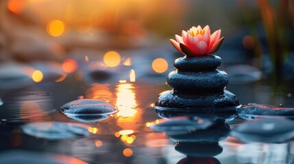 Lotus flower on stacked stones in tranquil water at sunset. Zen and meditation concept