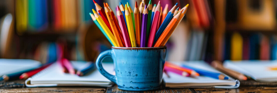 A blue mug filled with a rainbow of colored pencils sits on a table