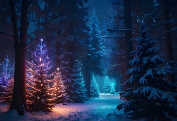 Magical forest with Christmas trees and glowing lights beautiful pic