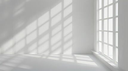 Fototapeta premium Minimal abstract light gray background for product presentation. Soft shadow and light from windows on white wall.