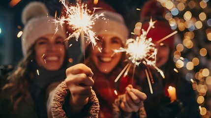 Three friends celebrate with sparklers, smiling and looking at the camera. Festive holiday lighting in the background.
