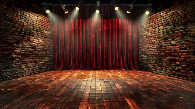 The red curtain is rising on an empty stage. The stage is made of wood and has a brick background. There are spotlights shining down on the stage.