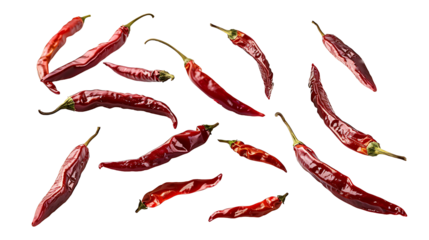 dry red chili peppers isolated on transparent background cutout