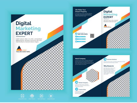 Bifold Brochure Design Template for your Company, blue multipage business brochure design, with modern style and clean concept use for business proposal and business profile.
