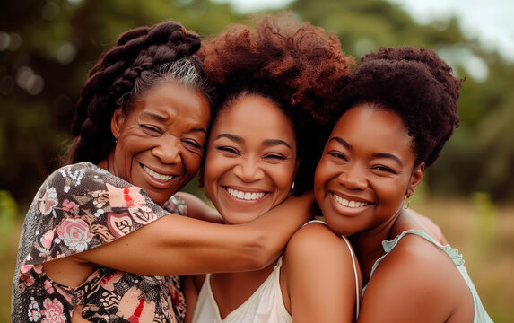 Family portrait of three generations of beautiful black women. Grandmother, daughter and granddaughter photo. Black woman day.