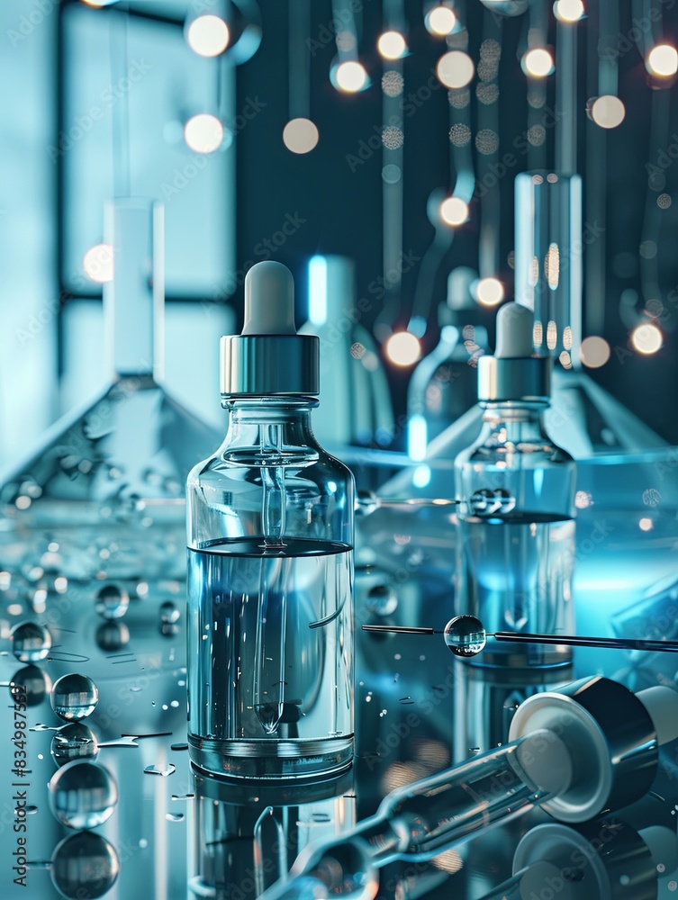 Poster Glass bottles filled with serum and droplets, resting on a laboratory table with scientific tools. Generative AI