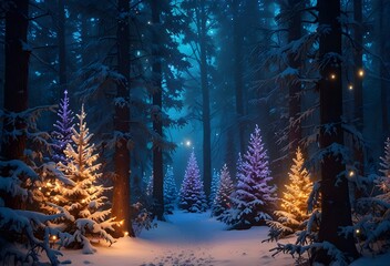 Magical forest with Christmas trees and glowing lights beautiful pic