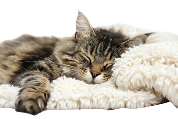 Naklejka premium A fluffy tabby cat curled up asleep on a soft white blanket, isolated on white background