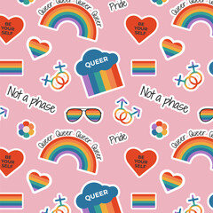 Fototapeta premium Seamless pattern with rainbow flag elements, gender signs, LGBTQ symbols, slogan and phrases