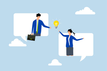 Business communication, colleague stands on chat bubble and talks about new ideas.