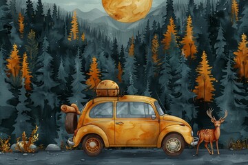 Fototapeta premium Illustration of mountain winter solstice landscape with a large moon and night clear sky with tree silhouette with moonlight, silhouette mountain with dark valley with dew illustration