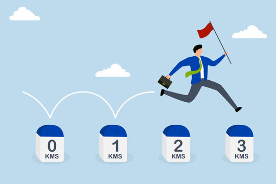 Project milestone to progress toward business goal, A businessman with flag to success jumps on milestones to reach his goal.