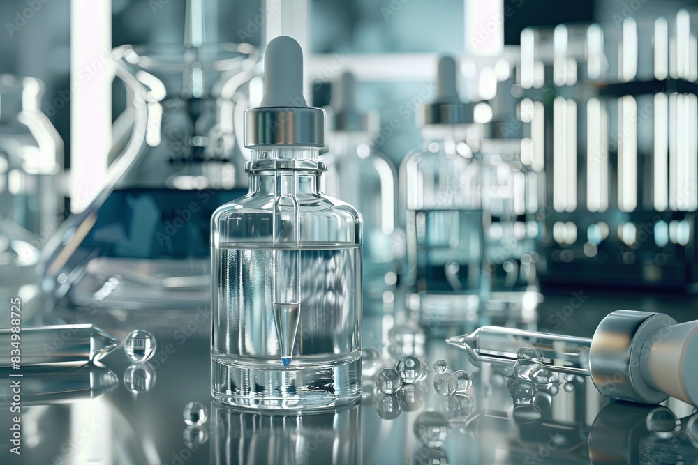 Poster A glass serum bottle with a dropper sits on a laboratory table surrounded by other lab equipment, creating a professional and scientific setting. Generative AI