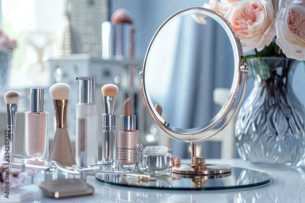 Poster an elegant tabletop mirror surrounded by various cosmetic products on a bright white vanity. generat