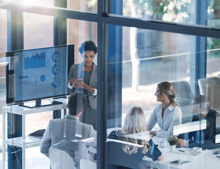 Business meeting, people and budget review with speaker, charts and data analytics for company...