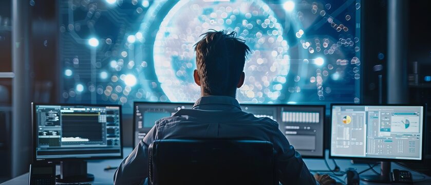A salesperson analyzing sales targets on a computer selective focus, office backdrop