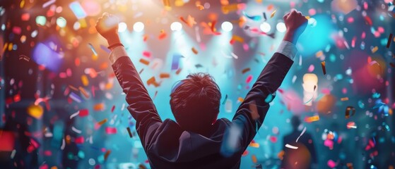 A salesperson celebrating a successful quarter with the sales team close up, celebration theme, futuristic, manipulation, office backdrop