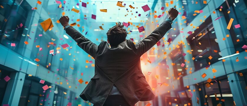 A salesperson celebrating a successful quarter with the sales team close up, celebration theme, futuristic, manipulation, office backdrop