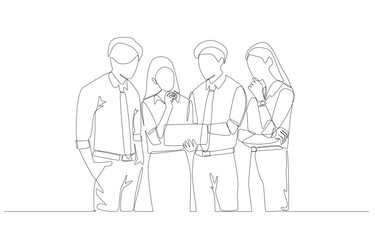 Continuous one line drawing of female employee and colleagues talking about marketing performance, casual business meeting concept, single line art.