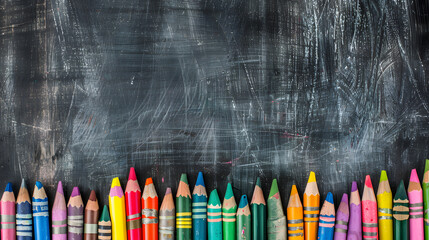Black chalkboard background with colored pastel pieces of colorful crayons on a wooden table, providing copy space for text and a template design poster