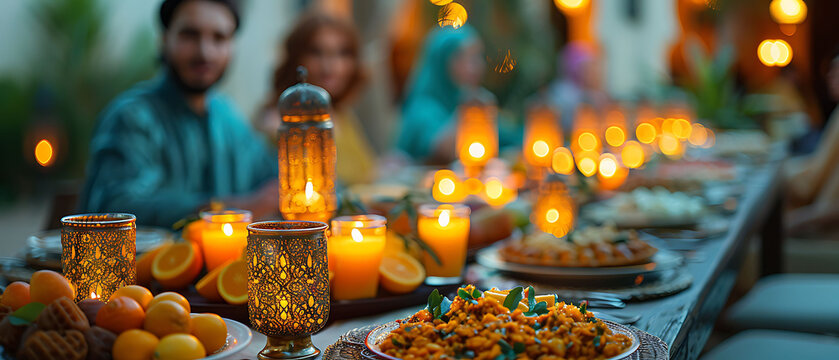 festive EidalAdha dinner table adorned with star and crescent motifs captured using HDR Imaging and Pixel Shift Technology to highlight the vivid details and colors