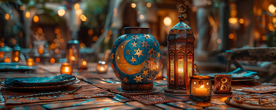 festive EidalAdha dinner table adorned with star and crescent motifs captured using HDR Imaging and Pixel Shift Technology to highlight the vivid details and colors