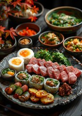 Obraz premium Kaiseki - An elaborate multi-course meal featuring seasonal and beautifully presented dishes. 