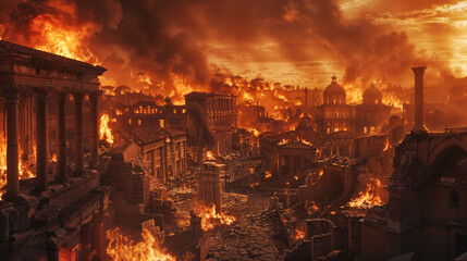 Historical fire of the city of Rome caused by Emperor Nero, with buildings, temples and monuments engulfed in flames, with debris and a dark cloud of smoke. Wallpaper of the cityscame burning at night
