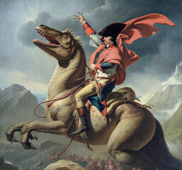 Napoleon Crossing the Alps on dinosaur. Bonaparte franchissant le Grand-Saint-Bernard. Napoleon at the Saint-Bernard Pass 