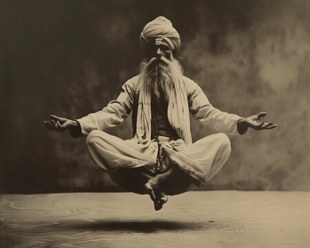 Old Hindu guru in India with beard, tunic, and turban levitating above the ground. Antique black and white photograph with sepia tone about religion, science, and parapsychology.