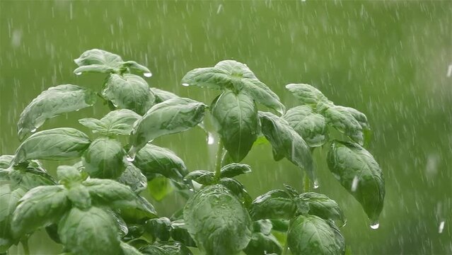 It is raining on green basil herbs in spring nature, refreshing rain