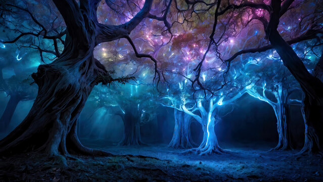 Fantasy forest trees with mystical glowing magical energy, colorful blue purple surreal enchanted landscape