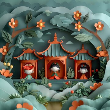 Puppet show stage with handmade puppets and scenery, paper cut style illustration graphic AI