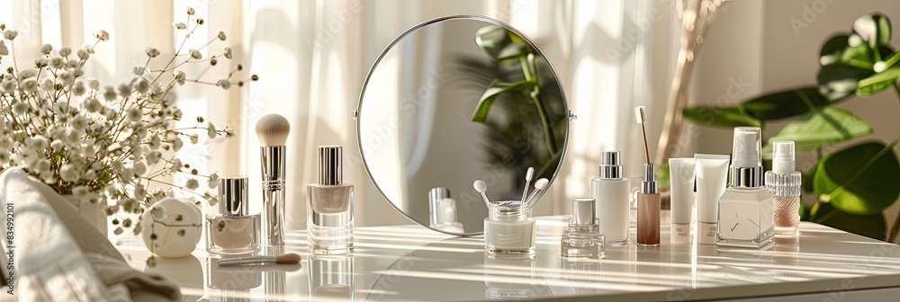 Fototapete a vanity table with a mirror and an array of cosmetic products. generative ai