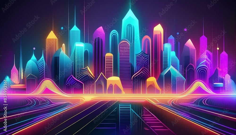 Wall mural Cityscape on a dark background with bright and glowing neon, art design